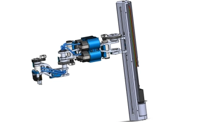 3D CAD render showing full 4 axis robotic arm design with labeled joints