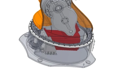 Close-up of a 5-DOF robotic arm assembly with 3D drawings on a screen in the background. Buy custom designs with full support.