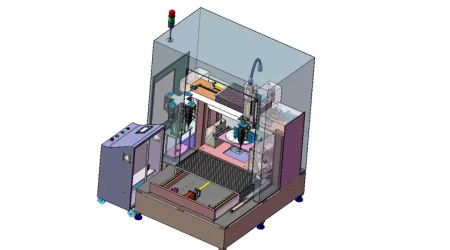Engineer discussing custom Six-Axis CNC machine tool design requirements and cost with a client over blueprints.