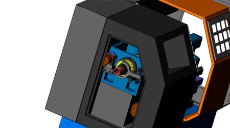 Precision 2D engineering drawing for a small CNC lathe, featuring front, side, and top views with dimensions.