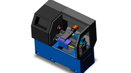 Photorealistic rendering of a custom small CNC lathe's 3D model, showing its complex internal mechanisms.