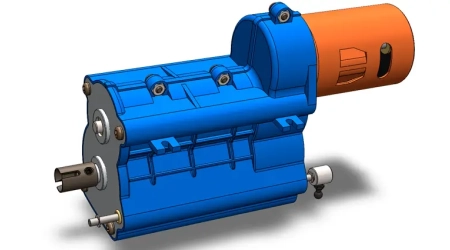 A detailed 3D model of a custom automotive gearbox assembly, showing internal gears and shafts.