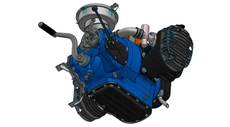 A photorealistic 3D model of a custom-designed motor gearbox assembly, showcasing internal gears and housing.