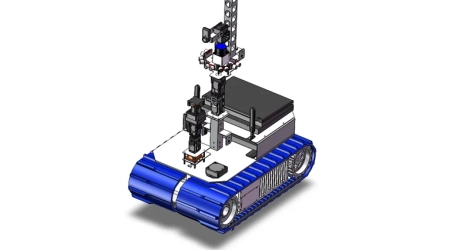 Custom disaster rescue robot design prototype with manipulator arm and tracks