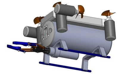 Engineers from embedded robotics design firm assembling submarine robot components.