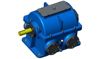 Detailed 3D drawings of a gearbox output shaft design, showing its integration within the full assembly.