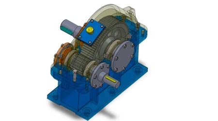 Custom spur gear gearbox design with detailed 2D and 3D drawings for engineering projects.