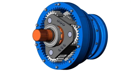 Detailed 3D drawings of a compact three-stage gearbox design, showing the internal gear arrangement and housing.