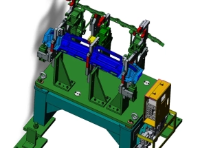A high-fidelity 3D visualization displaying a precisely engineered welding fixture tailored for car beam assembly.