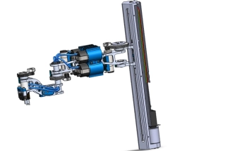 3D CAD render showing full 4 axis robotic arm design with labeled joints