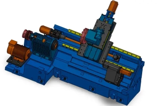 Annotated 3D model and 2D drawings of a CNC Lathe with an inclined bed, showing precision engineering design.