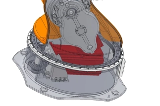 Close-up of a 5-DOF robotic arm assembly with 3D drawings on a screen in the background. Buy custom designs with full support.