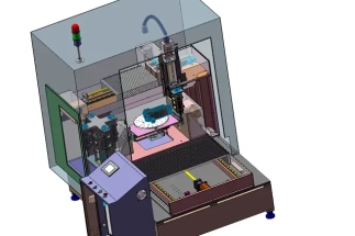 Detailed 3D drawing of a complex Six-Axis CNC machine tool assembly on an engineer's computer screen.