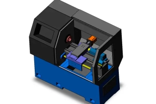 Photorealistic rendering of a custom small CNC lathe's 3D model, showing its complex internal mechanisms.