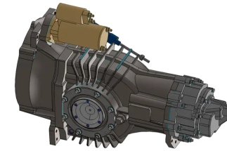 Detailed 3D drawings of an automatic gearbox design, showcasing the internal mechanism and part locations.