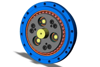 A detailed 3D model of a custom cycloidal gearbox, showing the internal cycloid disc and pins.