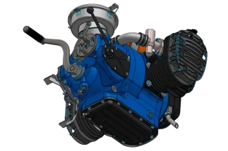 A photorealistic 3D model of a custom-designed motor gearbox assembly, showcasing internal gears and housing.