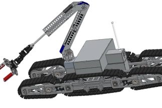 Exploded CAD of robot track system design showing sprocket, idler, tensioner
