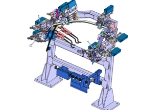 Detailed 3D CAD representation of the custom door welding fixture.