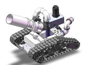 Robotic firefighting design system spraying water during live fire suppression test