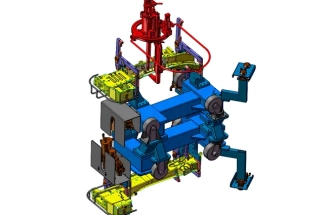 3D model of a specialized welding jig for automotive left, right, and front side members.