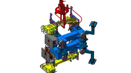 3D model of a specialized welding jig for automotive left, right, and front side members.